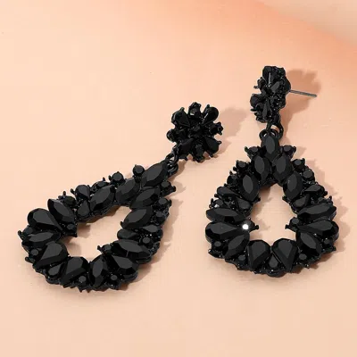 Fashnzfab Floral Marquise Teardrop Stone Cluster Accent Dangle Evening Earrings In Black