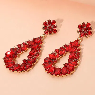 Fashnzfab Floral Marquise Teardrop Stone Cluster Accent Dangle Evening Earrings In Red