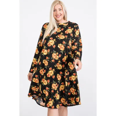 Fashnzfab Floral Mock Neck Hidden Pocket Round Hem Midi Dress In Black