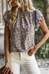 Fashnzfab Floral Mock Neck Ruffle Short Sleeve Shirt