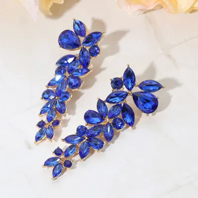 Fashnzfab Floral Multi Stone Evening Earrings - Gold, Sapphire In Blue