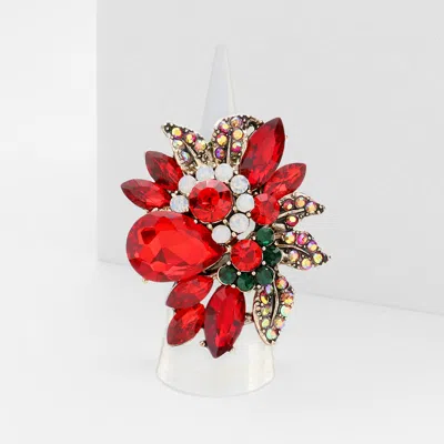 Fashnzfab Floral Multi Stone Stretch Ring In Red