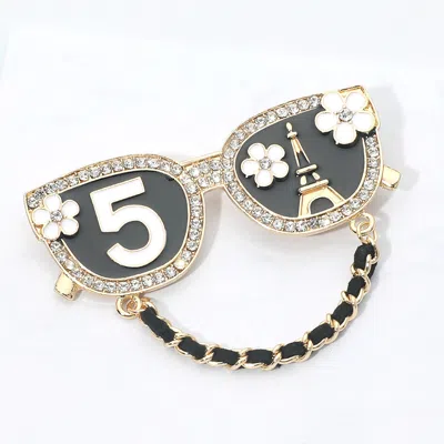 Fashnzfab Floral Number Five Eiffel Tower Chain Drop Fashion Sunglasses Pin Brooch In Black