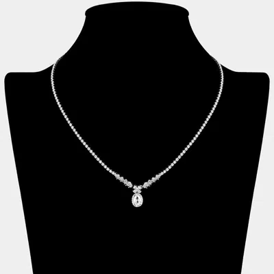 Fashnzfab Floral Oval Cz Stone Cluster Pendant Accent Rhinestone Paved Necklace In Silver