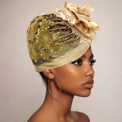 Fashnzfab Floral Pattern Embellished Statement Turban Hair Wrap In Gold