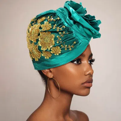 Fashnzfab Floral Pattern Embellished Statement Turban Hair Wrap In Green