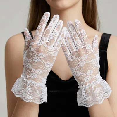 Fashnzfab Floral Pattern Lace Cuff Wedding Gloves In White