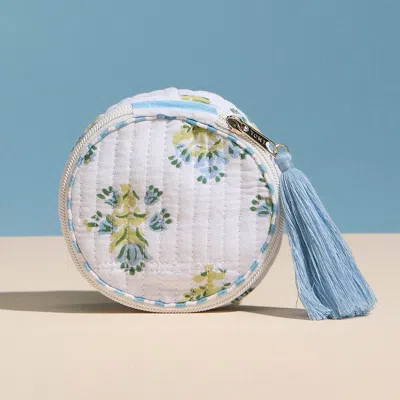 Fashnzfab Floral Pattern Quilted Tassel Portable Round Mini Jewelry Box In Blue