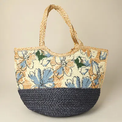 Fashnzfab Floral Pattern Two Tone Woven Straw Shoulder Bag / Tote Bag In Multi