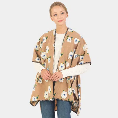 Fashnzfab Floral Pattern Wool Blended Winter Kimono Poncho In Brown