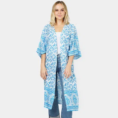 Fashnzfab Floral Patterned Cover Up Kimono Poncho In Blue