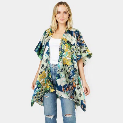 Fashnzfab Floral Patterned Satin Cover Up Kimono Poncho In Multi
