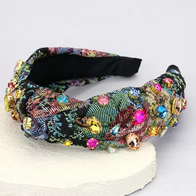 Fashnzfab Floral Patterned Stone Cluster Embellished Knot Headband In Black
