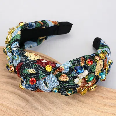 Fashnzfab Floral Patterned Stone Cluster Embellished Knot Headband In Blue