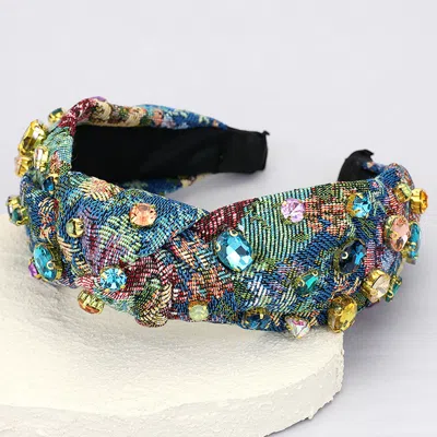 Fashnzfab Floral Patterned Stone Cluster Embellished Knot Headband In Blue