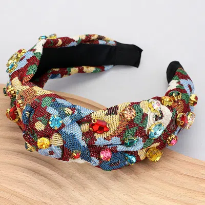 Fashnzfab Floral Patterned Stone Cluster Embellished Knot Headband In Gold