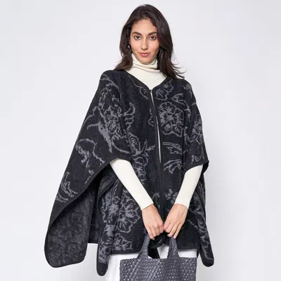 Fashnzfab Floral Patterned Woven Ruana Poncho In Black