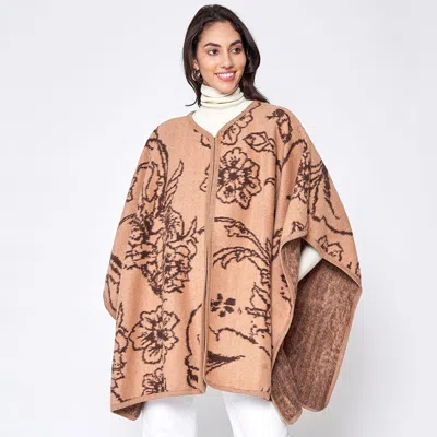Fashnzfab Floral Patterned Woven Ruana Poncho In Brown