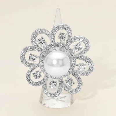 Fashnzfab Floral Pearl Accent Stretch Statement Ring In Silver