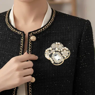 Fashnzfab Floral Pearl Bow Embellished Pin Brooch In Gold