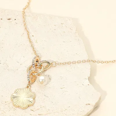 Fashnzfab Floral Pearl Charm Accent Necklace In White