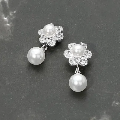 Fashnzfab Floral Pearl Drop Evening Earrings In Metallic