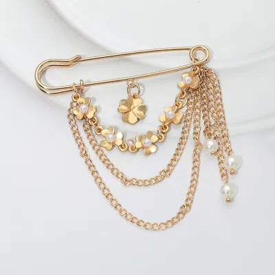 Fashnzfab Floral Pearl Layered Chain Safety Pin Brooch In Gold