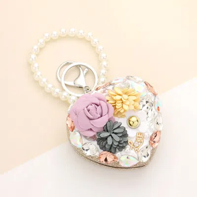Fashnzfab Floral Pearl Multi Bead Embellished Heart Compact Mirror / Keychain In White