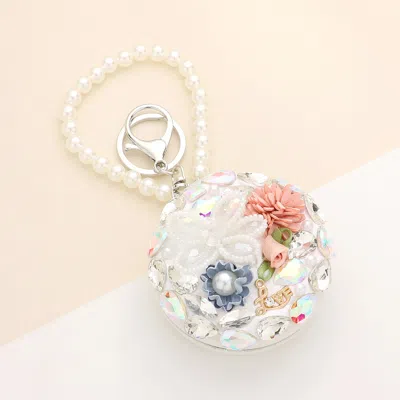 Fashnzfab Floral Pearl Multi Bead Embellished Round Compact Mirror / Keychain In White