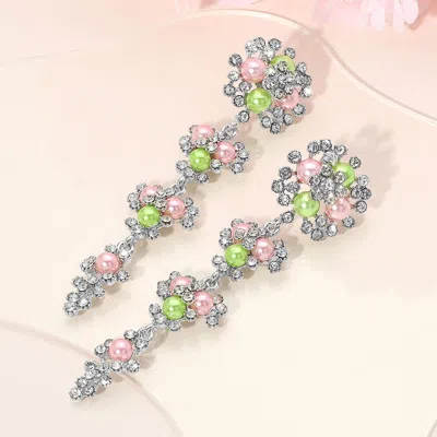 Fashnzfab Floral Pearl Rhinestone Cluster Drop Earrings In Multi