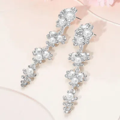 Fashnzfab Floral Pearl Rhinestone Cluster Drop Earrings In Silver