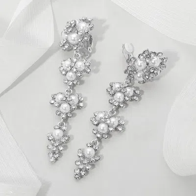 Fashnzfab Floral Pearl Rhinestone Cluster Drop Evening Clip On Earrings Silver, White In Metallic