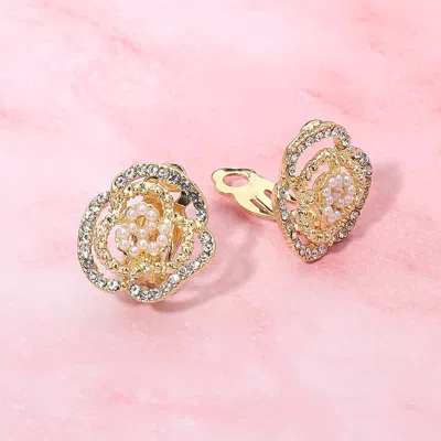 Fashnzfab Floral Pearl Rhinestone Cluster Evening Clip On Earrings - Cream, Gold In Multi