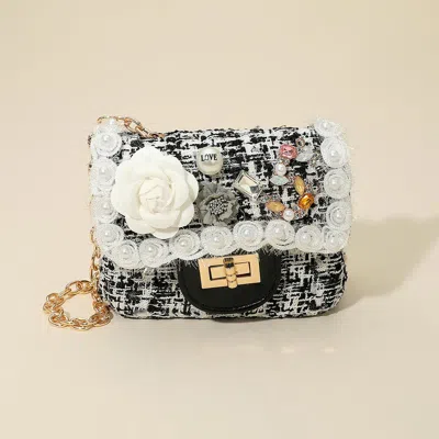 Fashnzfab Floral Pearl Stone Cluster Embellished Tweed Mini Handbag / Crossbody Bag In Black