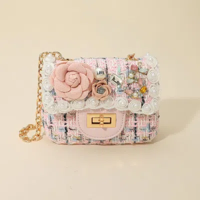 Fashnzfab Floral Pearl Stone Cluster Embellished Tweed Mini Handbag / Crossbody Bag In Pink