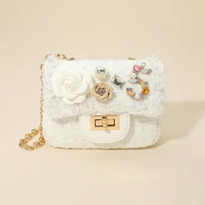 Fashnzfab Floral Pearl Stone Cluster Embellished Tweed Mini Handbag / Crossbody Bag In White