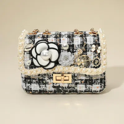 Fashnzfab Floral Pearl Stone Cluster Leaf Embellished Tweed Handbag / Crossbody Bag In Black