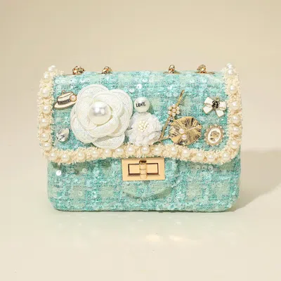 Fashnzfab Floral Pearl Stone Cluster Leaf Embellished Tweed Handbag / Crossbody Bag In Blue
