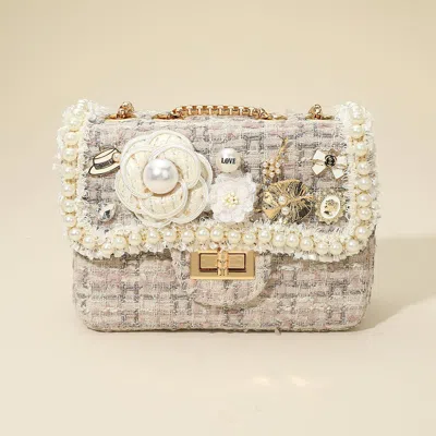 Fashnzfab Floral Pearl Stone Cluster Leaf Embellished Tweed Handbag / Crossbody Bag In Multi