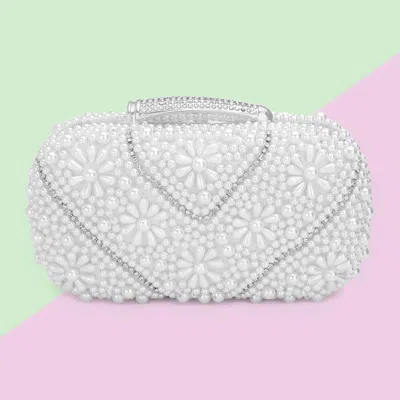 Fashnzfab Floral Pearl Stone Embellished Evening Clutch / Crossbody Bag In White