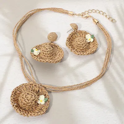 Fashnzfab Floral Point Raffia Sun Hat Pendant Multi Strand Necklace In Brown