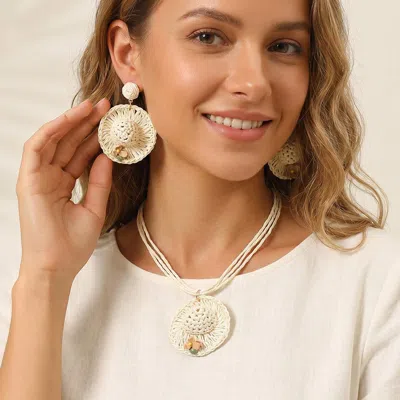 Fashnzfab Floral Point Raffia Sun Hat Pendant Multi Strand Necklace In Silver
