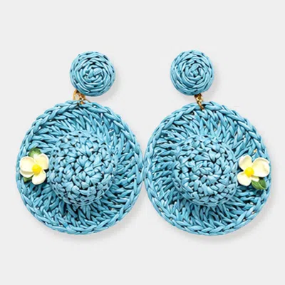Fashnzfab Floral Point Woven Raffia Sun Hat Charm Drop Dangle Statement Earrings In Blue