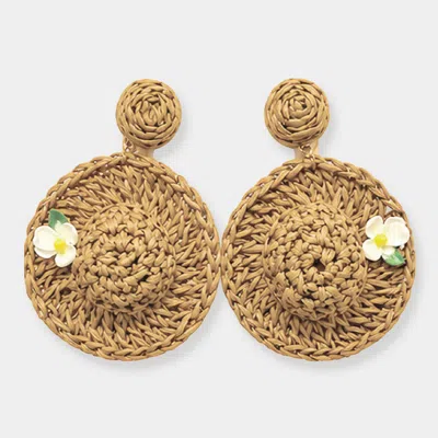 Fashnzfab Floral Point Woven Raffia Sun Hat Charm Drop Dangle Statement Earrings In Brown