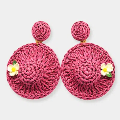 Fashnzfab Floral Point Woven Raffia Sun Hat Charm Drop Dangle Statement Earrings In Pink