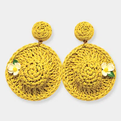 Fashnzfab Floral Point Woven Raffia Sun Hat Charm Drop Dangle Statement Earrings In Yellow