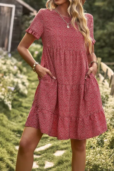 Fashnzfab Floral Polka Dots Boat Neck Loose A Line Midi Dres