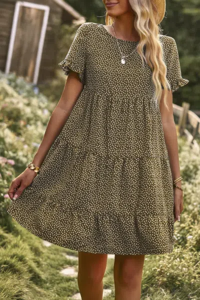 Fashnzfab Floral Polka Dots Boat Neck Loose A Line Midi Dres
