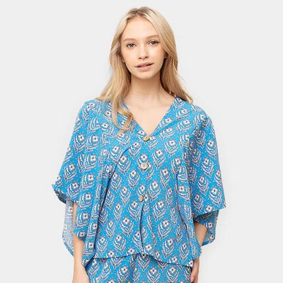 Fashnzfab Floral Print Button Down Kimono Poncho In Blue