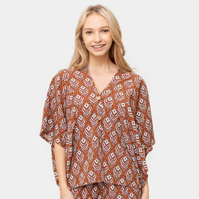 Fashnzfab Floral Print Button Down Kimono Poncho In Brown